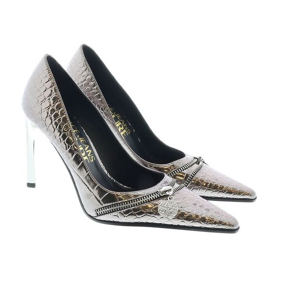 Versace Jeans Couture Pointed Croc Embossed Classic Gun Metal Pumps -